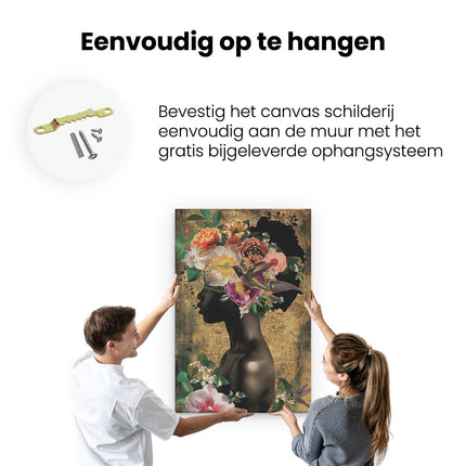 Canvas schilderij ophangen Vrouw met Bloemen op haar Hoofd