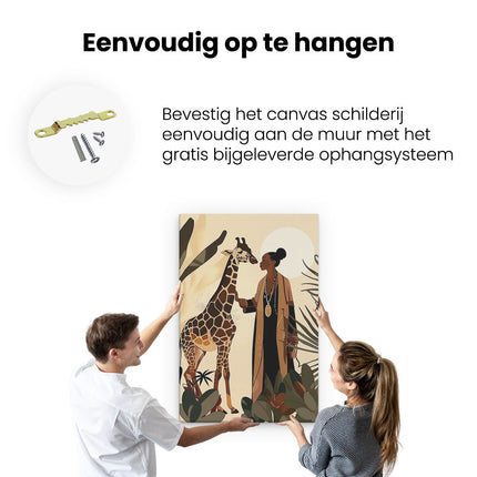 Canvas schilderij ophangen Vrouw en een Giraffe in de Jungle