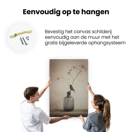 Canvas schilderij ophangen Vogel Zat op een Vaas met Bloemen