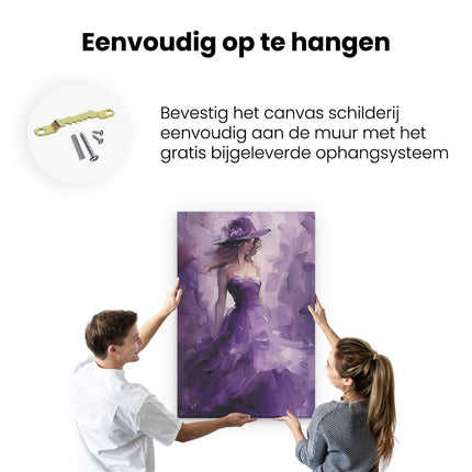 Canvas schilderij ophangen Vrouw in een Paarse Jurk met een Hoed