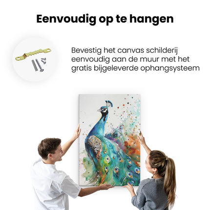Canvas schilderij ophangen Aquarelkunstwerk van een Pauw