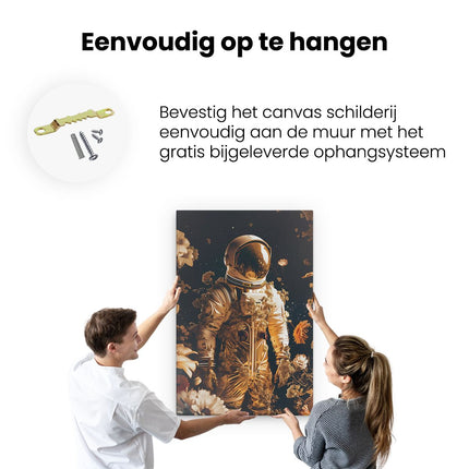 Canvas schilderij ophangen Astronaut in de Ruimte Omringd door Bloemen