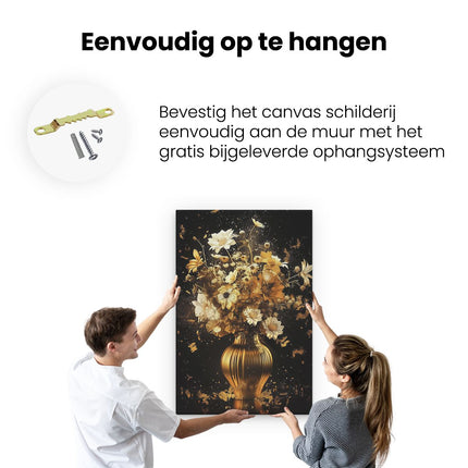 Canvas schilderij ophangen Gouden Bloemen in een Vaas op een Zwarte Achtergrond