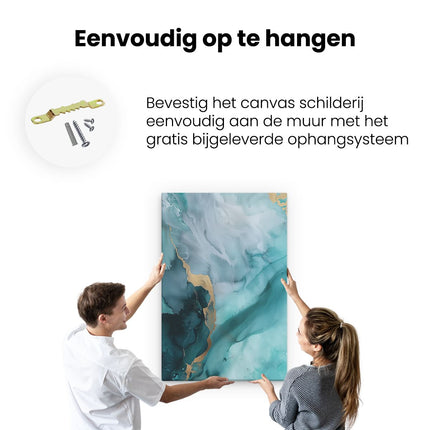 Canvas schilderij ophangen Abstract Kunstwerk met Gouden en Blauwgroen Kleuren