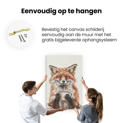 Canvas schilderij ophangen Vos Houdt een Kopje Koffie Vast