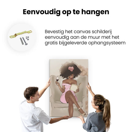 Canvas schilderij ophangen Zwarte Vrouw die een Boek Leest en Wijn Drinkt