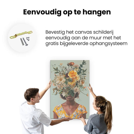 Canvas schilderij ophangen Vrouw met Bloemen op haar Hoofd