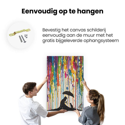 Canvas schilderij ophangen Meisje met een Paraplu en een Kat