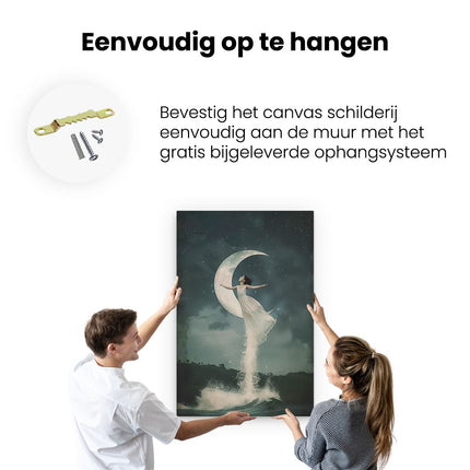 Canvas schilderij ophangen Vrouw in een Witte Jurk die over de Maan Springt