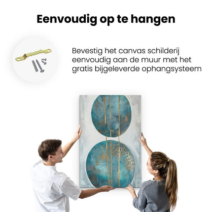 Canvas schilderij ophangen Kunstwerk van Twee Blauwe en Gouden Cirkels op een Witte Achtergrond