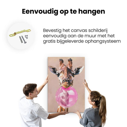 Canvas schilderij ophangen Giraf met een Roze Ballon in zijn Mond