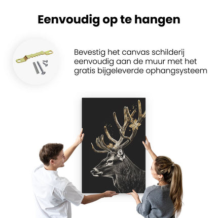 Canvas schilderij ophangen Herten met Gouden Gewei op een Zwarte Achtergrond