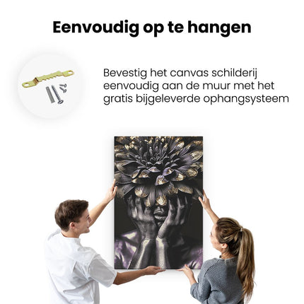 Canvas schilderij ophangen Vrouw met een Bloem op haar Hoofd