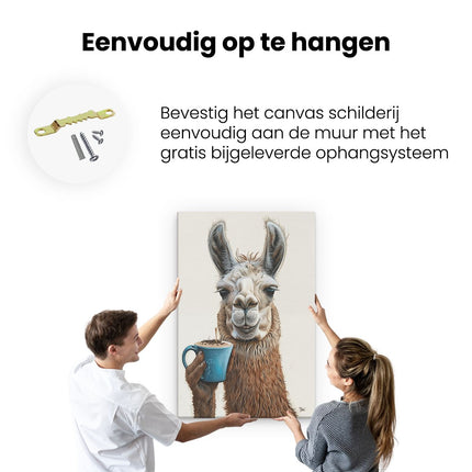 Canvas schilderij ophangen Lama die een Kopje Koffie Vasthoudt
