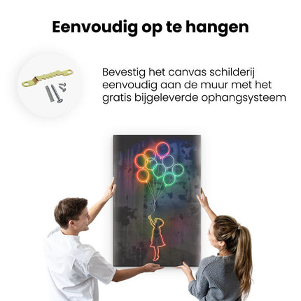 Canvas schilderij ophangen Meisje Vliegt met Ballonnen