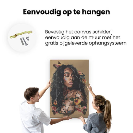 Canvas schilderij ophangen Zwarte Vrouw met Bloemen op haar Gezicht
