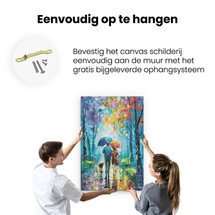 Canvas schilderij ophangen Paar Paraplu's Houden in de Regen