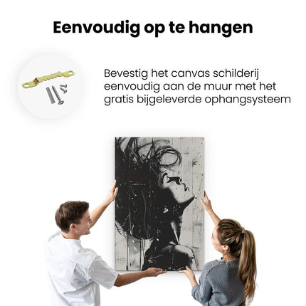 Canvas schilderij ophangen Zwart Wit Kunstwerk van een Vrouw met haar Haren Wapperend in de Wind