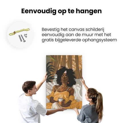 Canvas schilderij ophangen Vrouw in een Gele Jurk Liggend in Bed met een Kopje Koffie