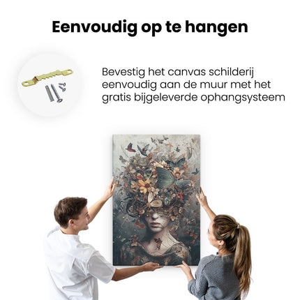 Canvas schilderij ophangen Vrouw met Vlinders op haar Hoofd