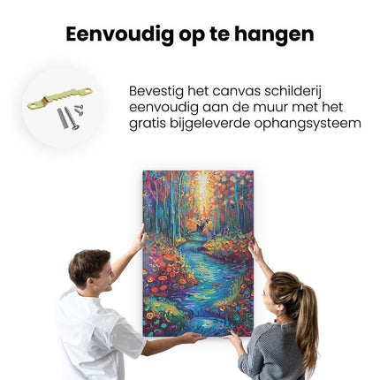 Canvas schilderij ophangen Kleurrijk Kunstwerk van een Beekje in een Bos