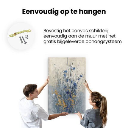 Canvas schilderij ophangen Blauwe en Gele Bloemen in een Veld