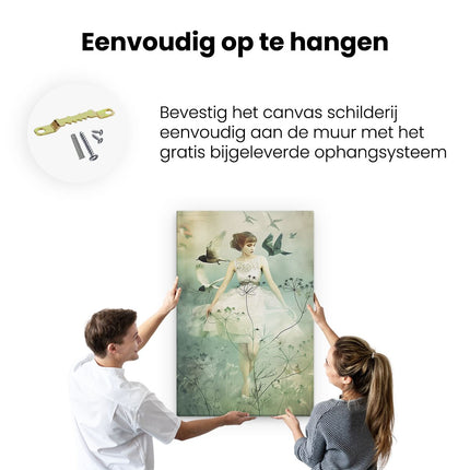 Canvas schilderij ophangen Vrouw in een Witte Jurk met Vogels die Om haar Heen Vliegen