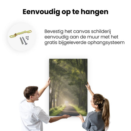 Canvas schilderij ophangen Weg in het Bos met Zonlicht dat door de Bomen Schijnt