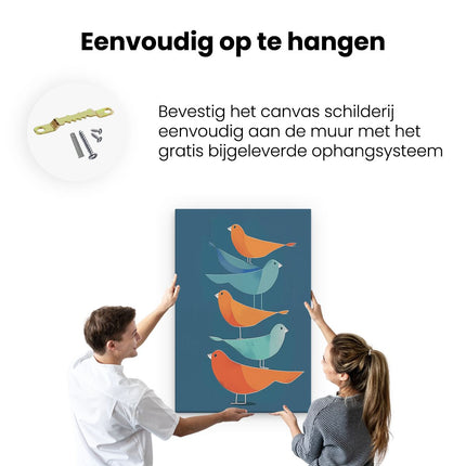 Canvas schilderij ophangen Kleurrijke Vogels op een Blauwe Achtergrond