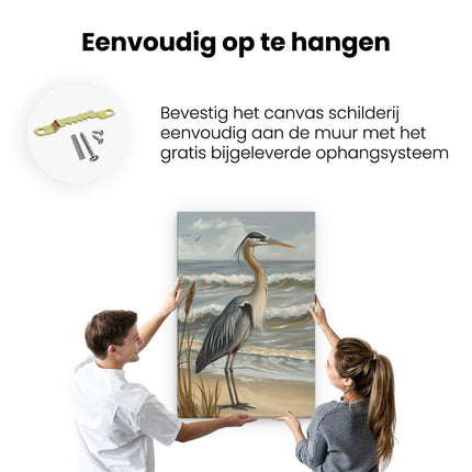 Canvas schilderij ophangen Blauwe Reiger Staande op het Strand