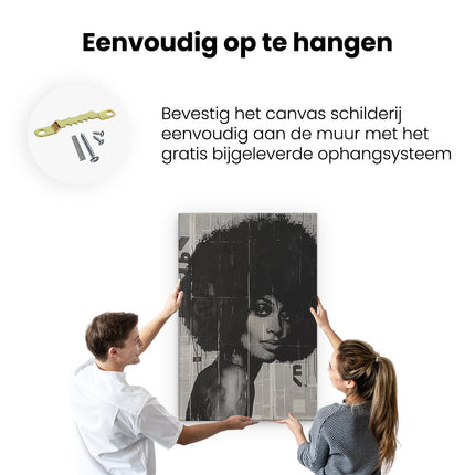 Canvas schilderij ophangen Vrouw met een Afro op een Krant