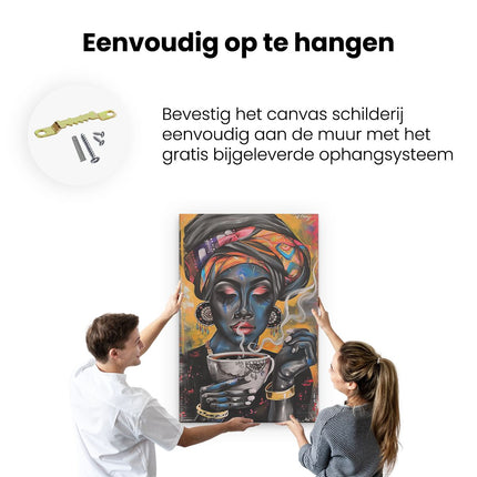 Canvas schilderij ophangen Vrouw die Koffie Drinkt in een Tulband