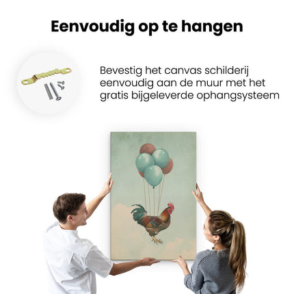 Canvas schilderij ophangen Haan ​​Die met Ballonnen Vliegt