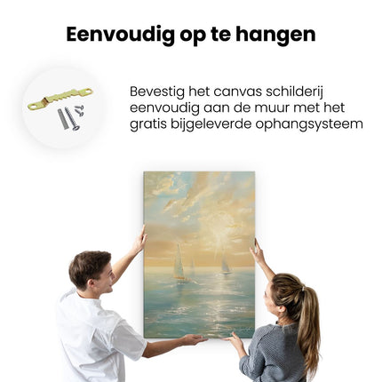 Canvas schilderij ophangen Zeilboten in de Oceaan bij Zonsondergang