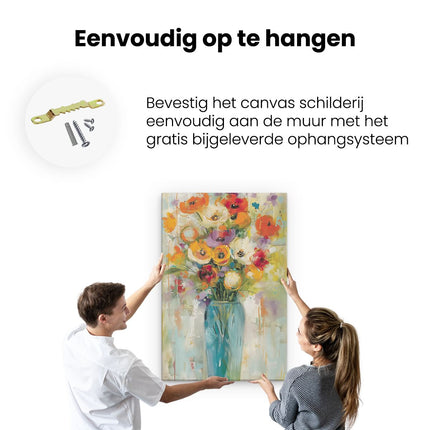 Canvas schilderij ophangen Kunstwerk van Bloemen in een Blauwe Vaas