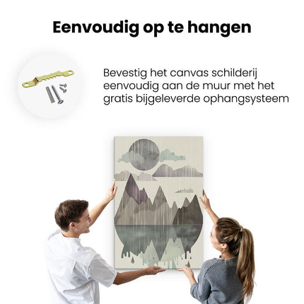 Canvas schilderij ophangen De Bergen Regenen en Er is een Meer op de Achtergrond