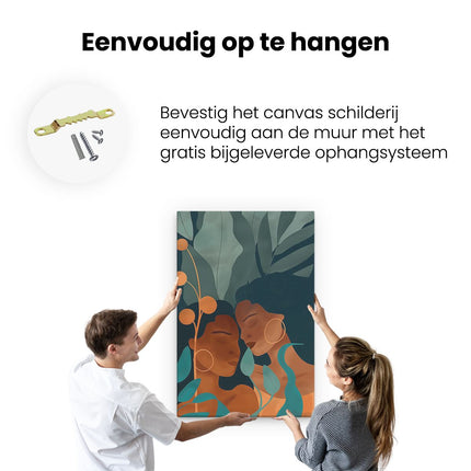 Canvas schilderij ophangen Twee Vrouwen die Elkaar Omhelzen in een Tropische Setting