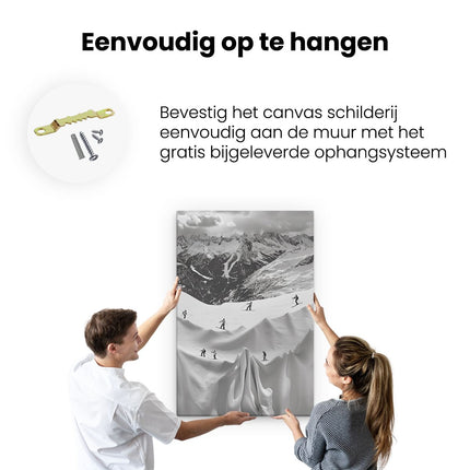 Canvas schilderij ophangen Groep Skiërs op een Besneeuwde Helling