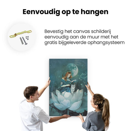 Canvas schilderij ophangen Meisje Leest een Boek over een Lotusbloem