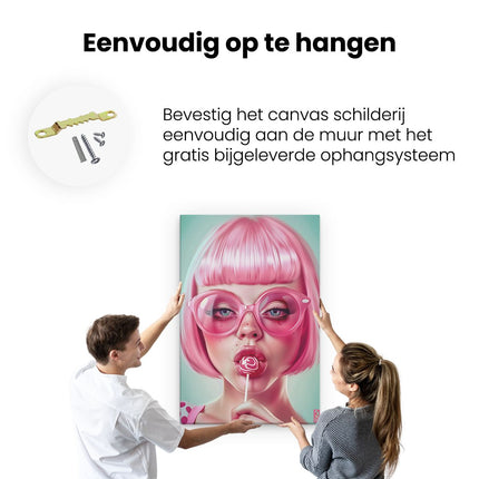 Canvas schilderij ophangen Meisje met Roze haar en Bril Eet een Lolly