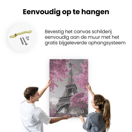 Canvas schilderij ophangen Roze Bomen en de Eiffeltoren
