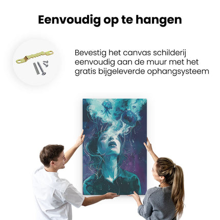 Canvas schilderij ophangen Vrouw met een Kwal op haar Hoofd