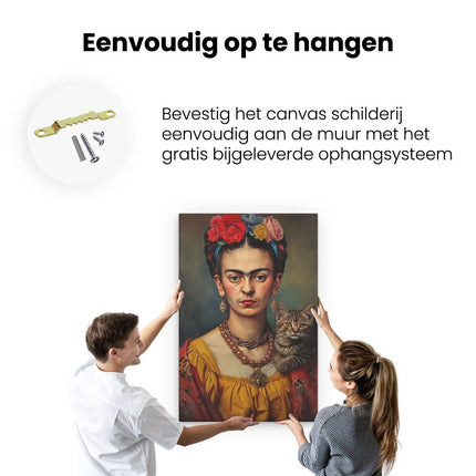 Canvas schilderij ophangen Kunstwerk van Frida Kahlo met een Kat