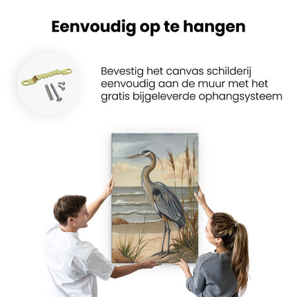 Canvas schilderij ophangen Blauwe Reiger Staande op het Strand