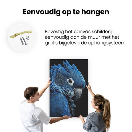 Canvas schilderij ophangen Blauwe Papegaai op een Zwarte Achtergrond