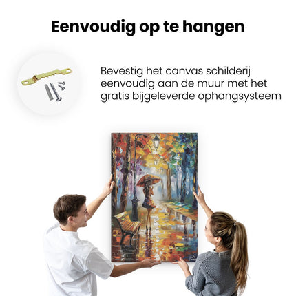 Canvas schilderij ophangen Vrouw die in de Regen loopt met een Paraplu