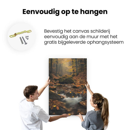 Canvas schilderij ophangen Stroom in een Bos met Herfstbladeren