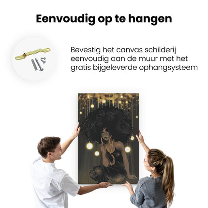 Canvas schilderij ophangen Zwarte Vrouw in een Zwarte Jurk met Gouden Lichten