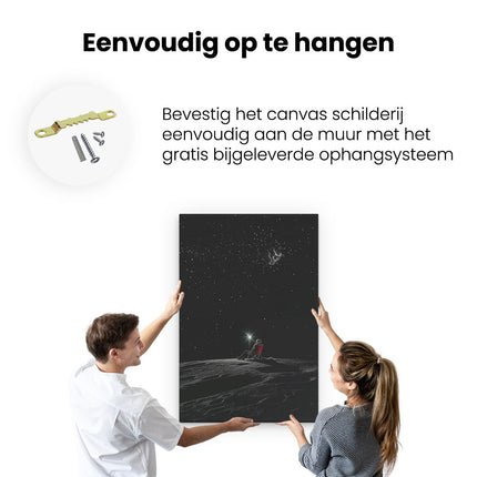 Canvas schilderij ophangen Man zit op de Maan