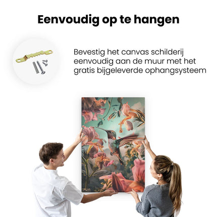 Canvas schilderij ophangen Kolibrie die over Bloemen Vliegt